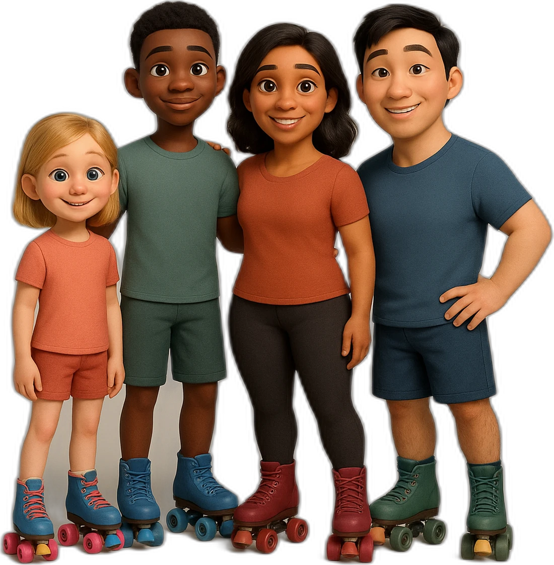 A turma de patins do Manifesto: quatro personagens de patins, lado a lado
