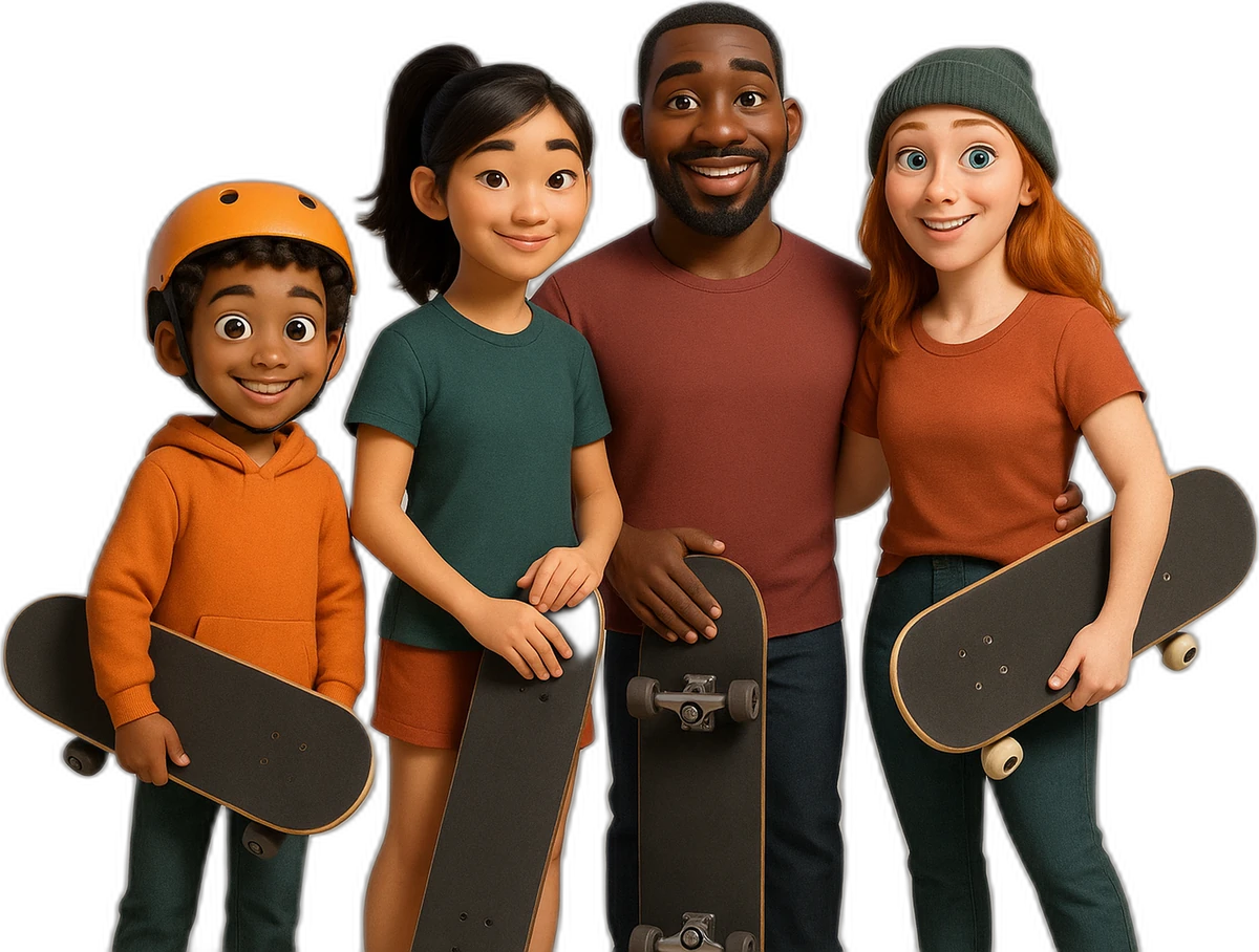 A turma de skate do Manifesto: quatro personagens segurando seus shapes